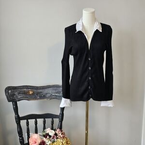 Maeve by Anthropologie Sweater Blouse Button Down Ribbed Black and White Size XL